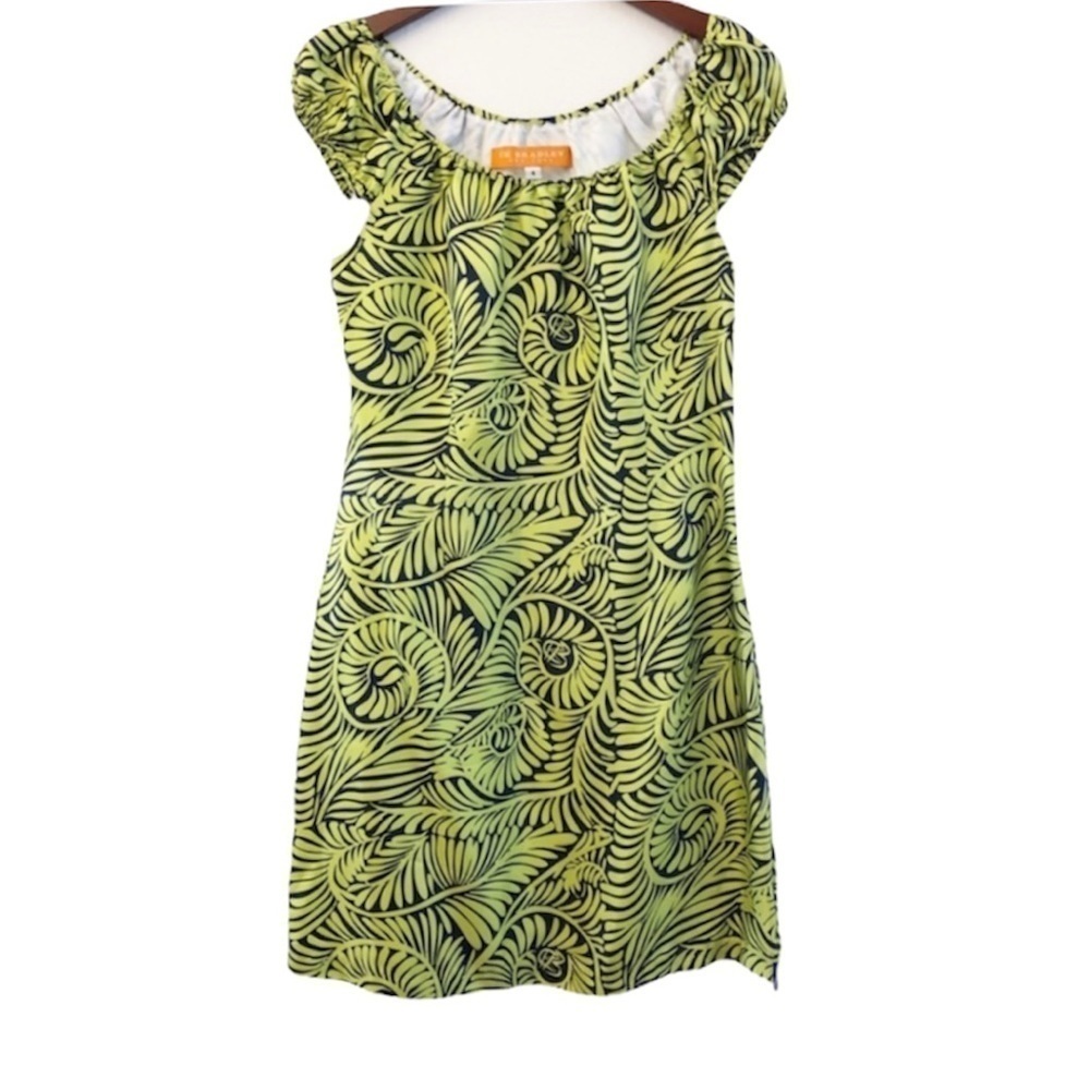 CK BRADLEY Silk Off Shoulder Dress Size 4 in Green with Navy Tropical Leaf Print